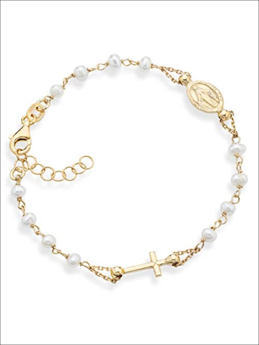 18K Gold Plated Sterling Silver Pearl Rosary Cross Charm Bracelet